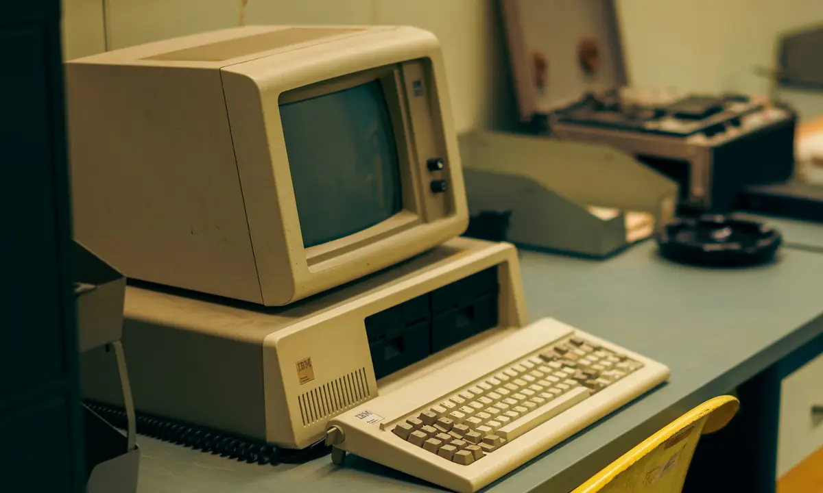 Computer IBM d’epoca con monitor, tastiera e unità a dischetti